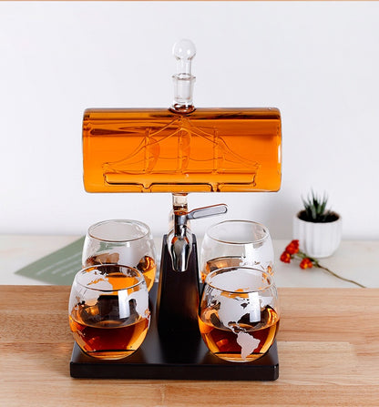 Whiskey Decanter 1100mL Creative Antique Boat Shape Set With 4 Glasses and Beautiful Stand