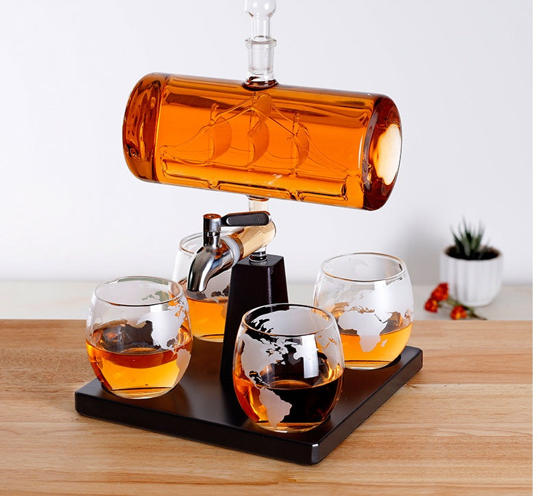 Whiskey Decanter 1100mL Creative Antique Boat Shape Set With 4 Glasses and Beautiful Stand