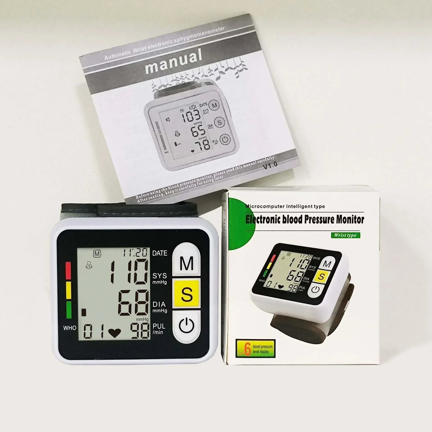 Wrist Blood Pressure Monitor – LCD Display, Automatic Digital Tensiometer for Family Use