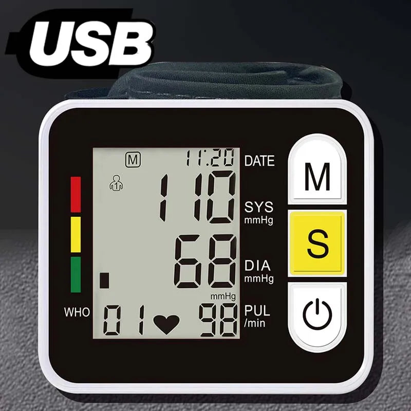 Wrist Blood Pressure Monitor – LCD Display, Automatic Digital Tensiometer for Family Use